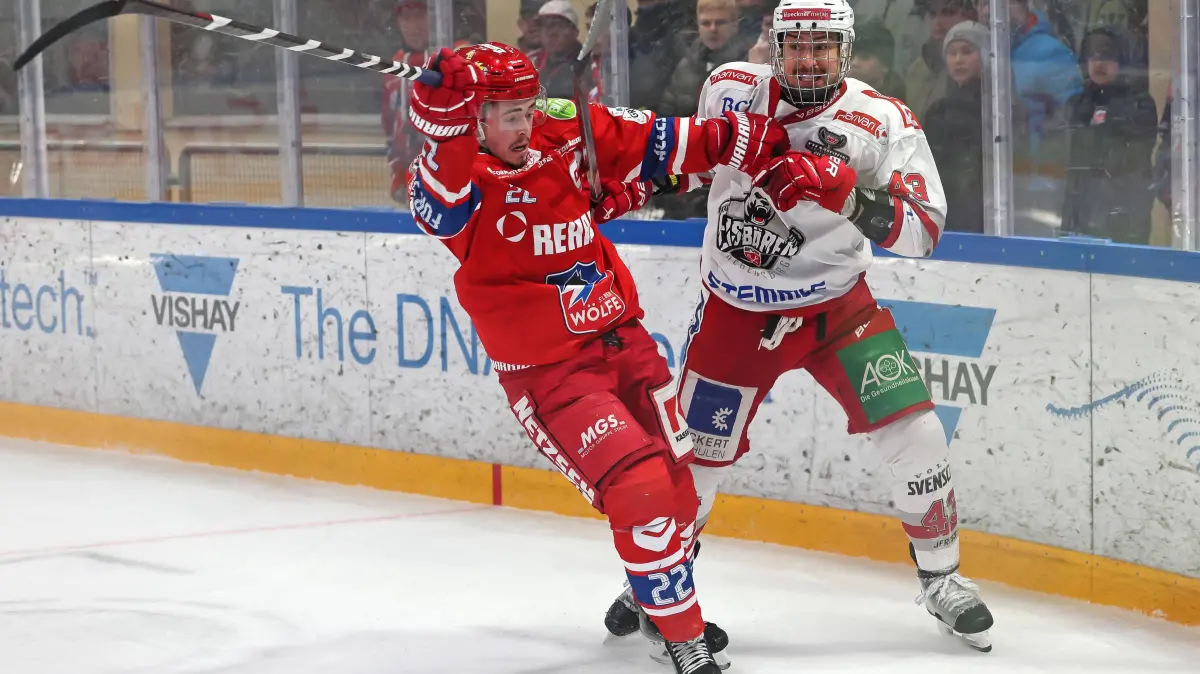 DEL 2 - Selber Wölfe - Eisbären Regensburg, Eishockey Herren, DEL2 Saison 2024/2025 -22- Colin Campbell Selber Wölfe, -43- Xaver Tippmann Eisbären Regensburg, DEL 2 - Selber Wölfe - Eisbären Regensburg, Selb, Netzsch-Arena, 30.03.25 Bayern Deutschland *** DEL 2 Selber Wölfe Eisbären Regensburg, Ice field hockey men, DEL2 season 2024 2025 22 Colin Campbell Selber Wölfe , 43 Xaver Tippmann Eisbären Regensburg , DEL 2 Selber Wölfe Eisbären Regensburg, Selb, Netzsch Arena, 30 03 25 Bayern Germany