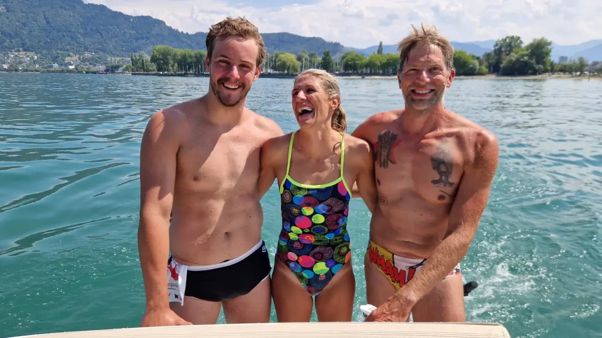 Sabine Lieschek aus Sachsenheim mit ihren österreichischen Sportsfreunden Linus Längle (links) und Florian Bartunek