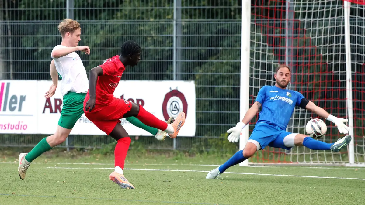 Fußball FV Löchgau vs. TSV Heimerdingen : BAU // Löchgau , Landesliga Fußball FV Löchgau vs. TSV Heimerdingen , Tor zum 2 : 0 , von links: Manuel Mörk ( Heim ) / Torschütze Mouhamad Gueye ( Löch ) / Lukas Emmrich ( Heim )