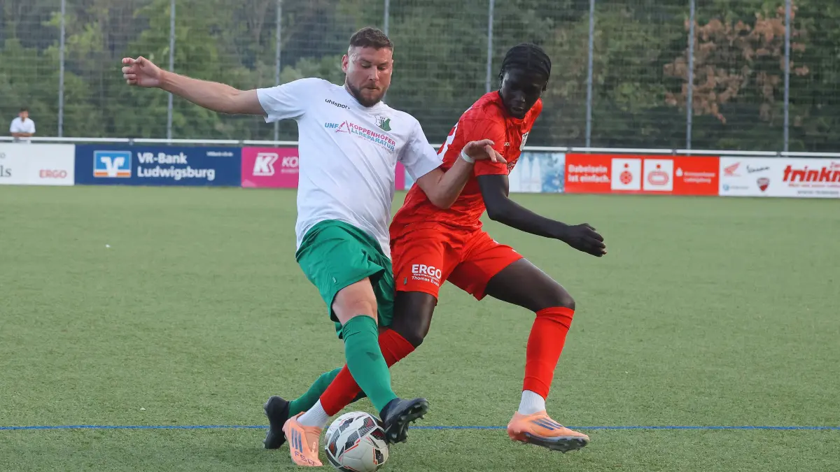 Fußball FV Löchgau vs. TSV Heimerdingen : BAU // Löchgau , Landesliga Fußball FV Löchgau vs. TSV Heimerdingen , von links: Daniel Geppert ( Heim ) Mouhamad Gueye ( Löch )