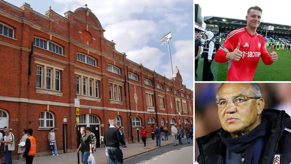 Der Fulham Football Club atmet Geschichte - etwa wenn man die Backsteinfassade der Osttribüne bedenkt, die nicht unbedingt ein Fußballstadion dahinter vermuten lässt. Mit Bernd Leno (rechts oben) steht ehemaliger VfB-Spieler im Tor. Felix Magath war 2014 Manager der Cottagers.