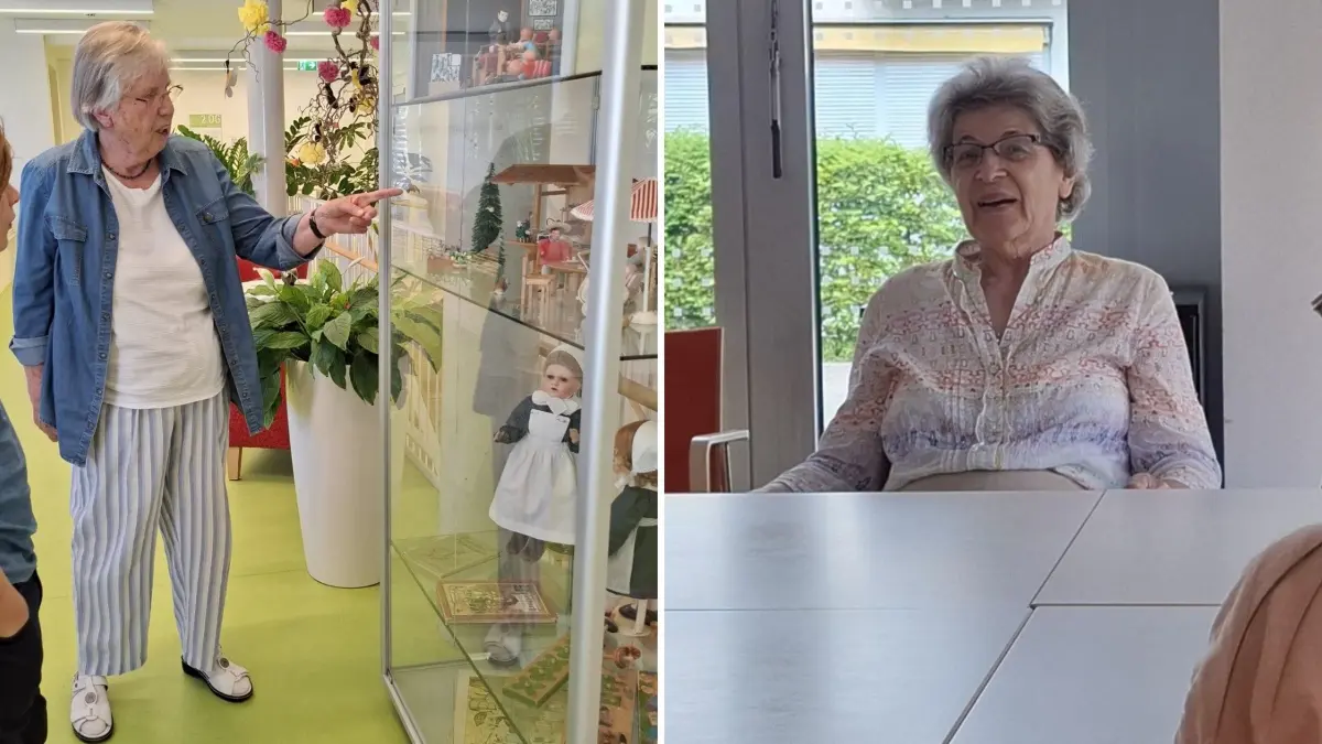 Schwester Rosemaria (links) von der Großheppacher Schwesternschaft und Ursula Gscheidle (rechts) erzählen Grundschülern aus ihrer Kindheit