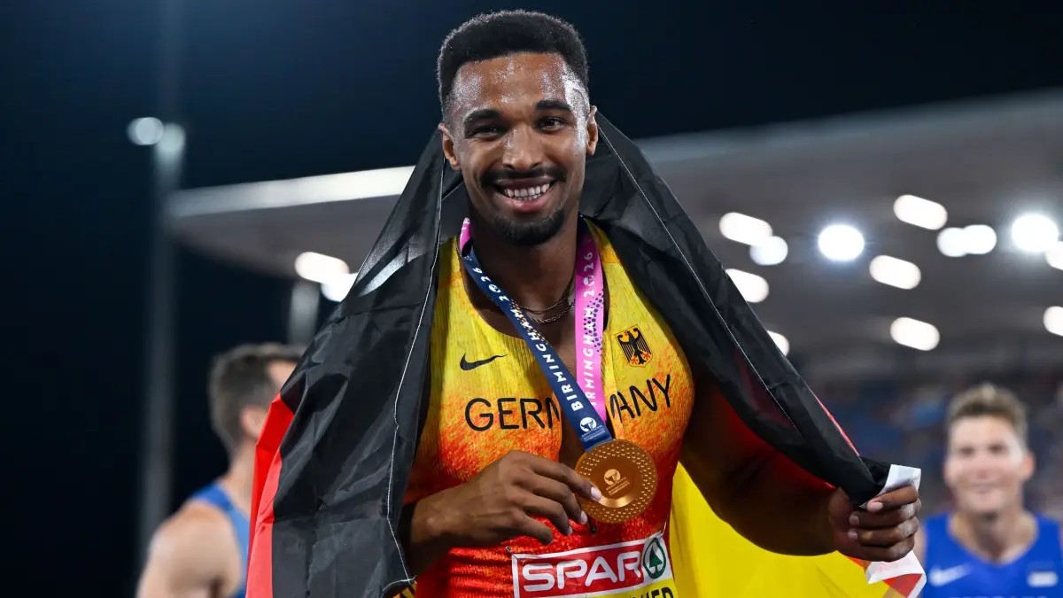 Leichtathletik: Europameisterschaft: 13.08.2026, Großbritannien, Birmingham: Leichtathletik: Europameisterschaft, Männer, Zehnkampf, 1500m, Leo Neugebauer freut sich über Gold. Foto: Sven Hoppe/dpa +++ dpa-Bildfunk +++