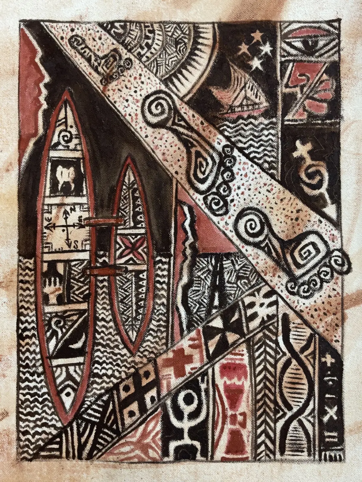 Verwurzelt im fidschianischen und ozeanischen Design wurden in diesem Kunstwerk traditionelle Symbole kombiniert mit solchen aktueller Forschungsarbeiten zur Rekonstruktion der Geschichte der Insulanerinnen und Insulaner im Pazifik.