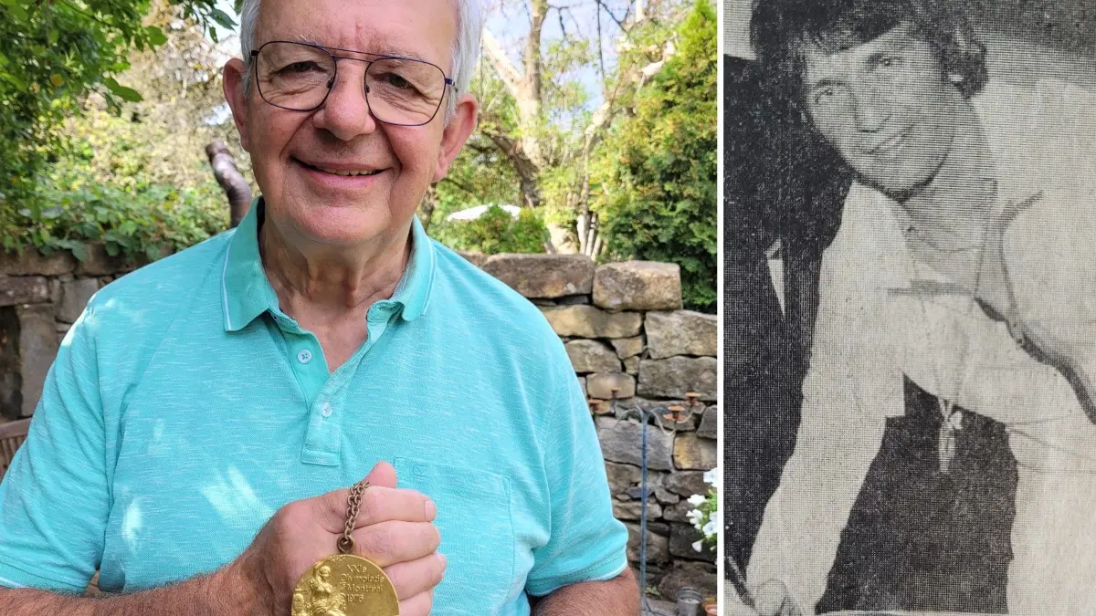 Zwischen diesen Fotos liegen genau 50 Jahre: Hans Lutz heute mit seiner Olympiagoldmedaille (li.) und 1976 beim Eintrag ins Goldene Buch der Stadt Böblingen (re.).