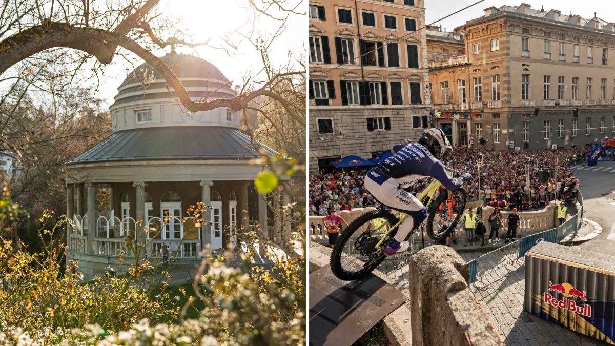 Der Cerro Abajo startet am Teehaus im Weißenburgpark. Wie auch beim Rennen in Genua im Jahr 2025 (re.) stürzen sich die Profi-Downhiller dann mit spektakulären Sprüngen hinab in den Kessel.