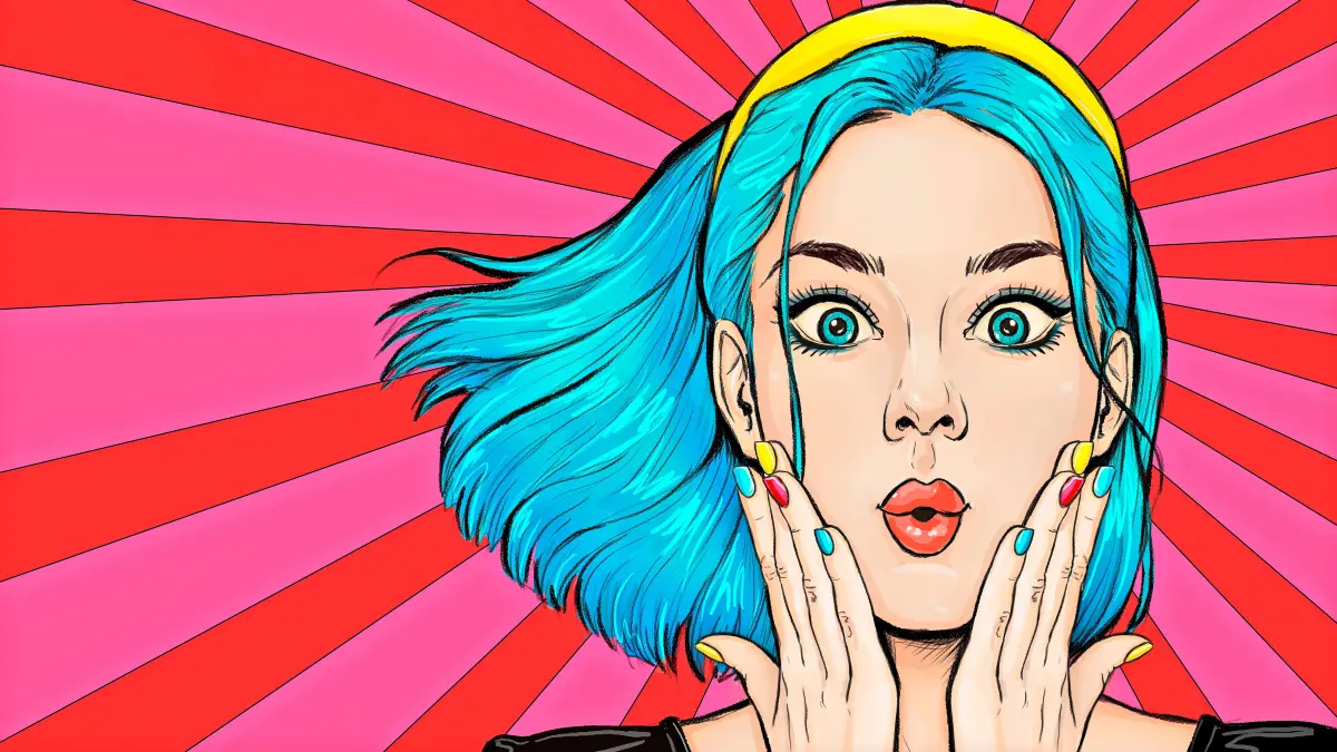 Surprised young sexy woman in comic style. Amazed lady saying OMG. Pop Art girl with shocked face.