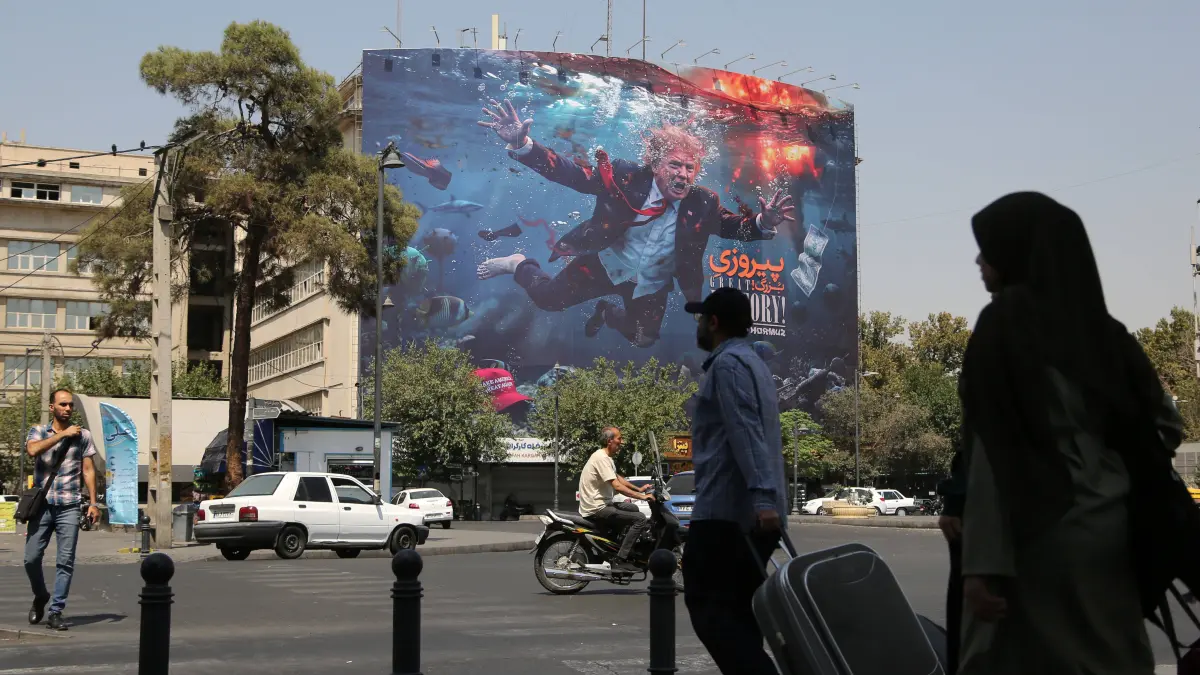 A huge anti-US banner has been hung in Tehran TEHRAN, IRAN - AUGUST 25: RESTRICTIONS: NO Access Israel Media/Persian Language TV Stations Outside Iran/Strictly No Access BBC Persian/VOA Persian/Manoto TV/Iran International TV A large billboard bearing the slogan Great Victory in both Persian and English is seen displayed at Rah Ahen Square in Tehran, Iran, on August 25, 2026. The display comes as U.S. Treasury Secretary Scott Bessent announced a new campaign of economic exclusion aimed at severing Iran s financial lifelines, warning that foreign nations and entities continuing trade with Tehran face severe secondary sanctions. Fatemeh Bahrami / Anadolu Tehran Iran. Editorial use only. Please get in touch for any other usage. PUBLICATIONxNOTxINxTURxUSAxCANxUKxJPNxITAxFRAxAUSxESPxBELxKORxRSAxHKGxNZL Copyright: x2026xAnadoluxFatemehxBahramix