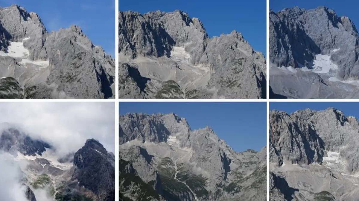 Die Fotos zeigen die Reste des Gletschers Höllentalferner - 2021 (oben links), 2022 (oben Mitte), 2023 (oben rechts), 2024 (unten links), 2025 (unten Mitte) und 2026 (unten rechts).