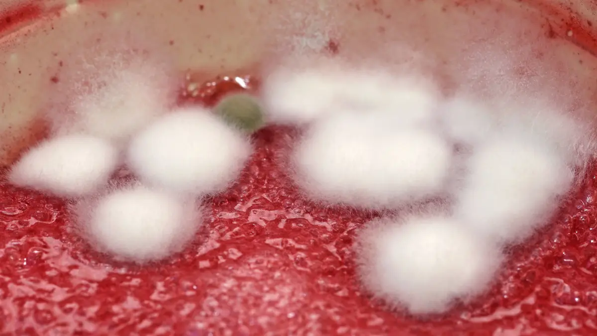 Auf der Oberfläche von einem Fruchtjoghurt haben sich Schimmelpilze gebildet, die den Joghurt ungenießbar machen und sofort entsorgt werden müssen: Unerwünschte Folgen können in erheblicher Geruchsbelästigung, in allergischen Reaktionen und in – eventuell tödlichen – Vergiftungen bestehen. Im Extremfall befallen und zerstören Schimmelpilze Körpergewebe mit tödlichem Ausgang.