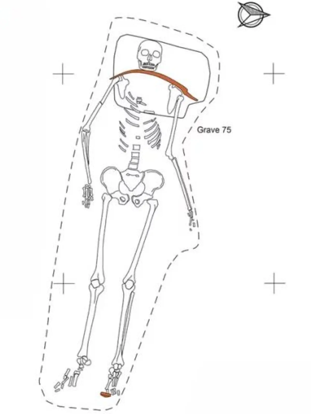 Schematische Zeichnung des Grabs der jungen Frau mit Sichel und Vorhängeschloss