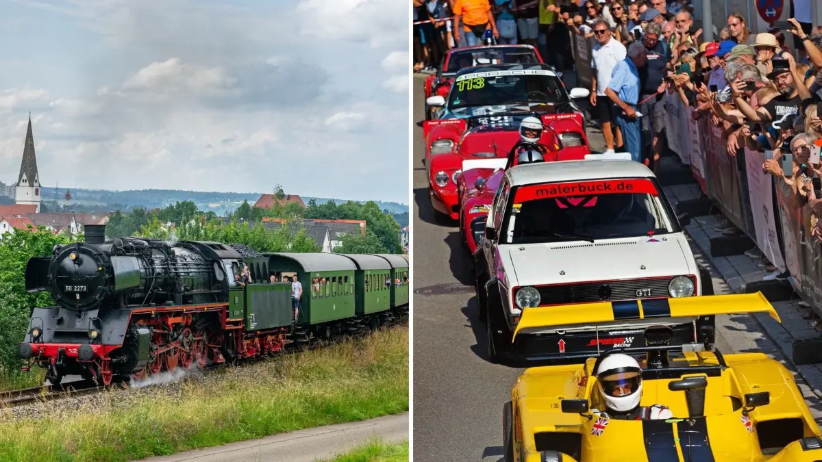 Dampflok trifft Rennfahrzeuge: Das historische "Sofazügele" fährt am 6. September zum Bergpreis nach Neuffen.