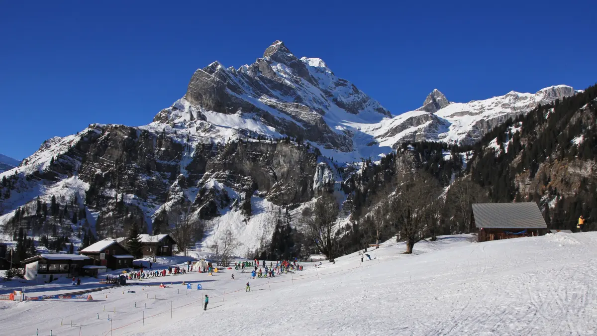 Skiing in Braunwald. Travel destination and ski area in Glarus Canton, Swiss Alps.