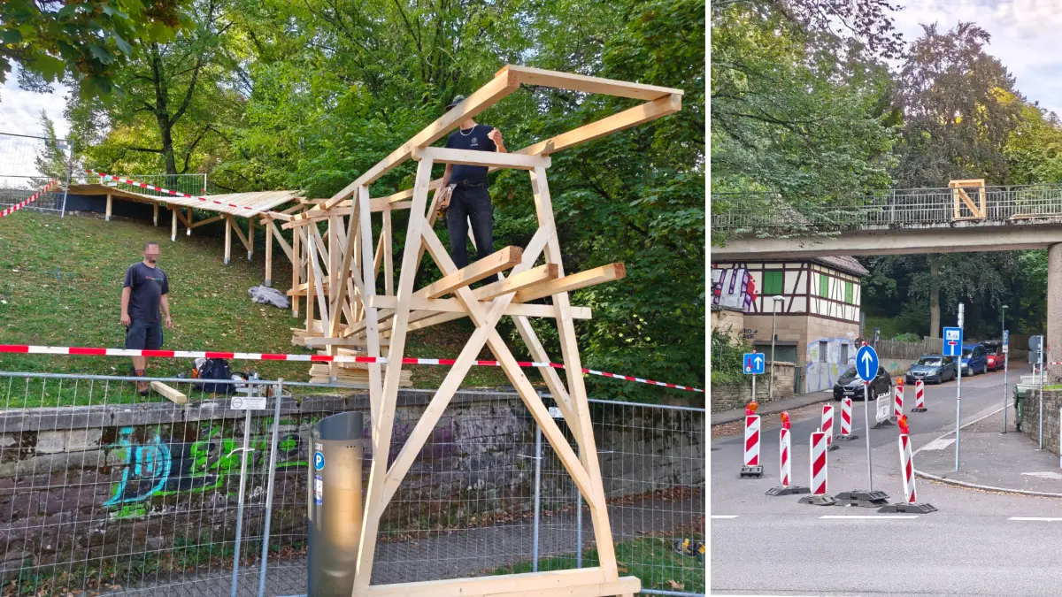 Die Strecke entsteht. Beim „Roadgap“ springen die Fahrer über die Etzelstraße.