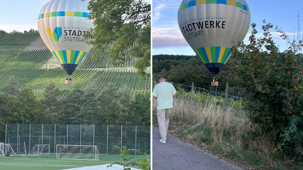 Der Heißluftballon schwebt über Uhlbach, allerdings in geringer Höhe.