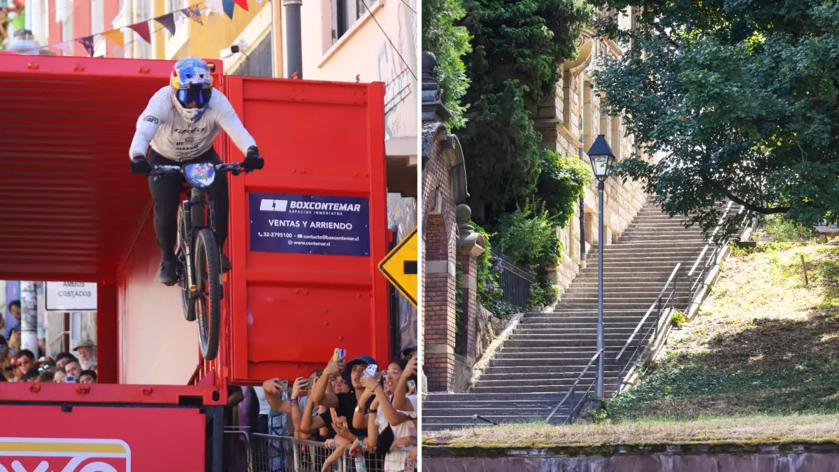 Zwei der Mountainbikefahrer die am Wochenende am Red Bull Cerro Abajo in Stuttgart teilnehmen, haben erste Sprünge über Stuttgarts Stäffele gewagt.