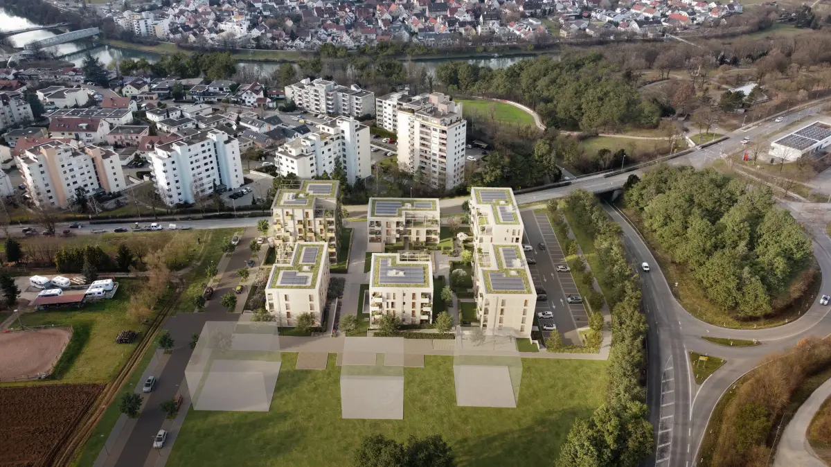 Die Firma Pflugfelder lässt im Neckarremser Neubaugebiet "Östlich Marbacher Straße" sechs Mehrfamilienhäuser mit 97 Wohnungen errichten. Die Illustration gibt einen Einblick, wie die Gebäude nach der Fertigstellung ausschauen sollen.