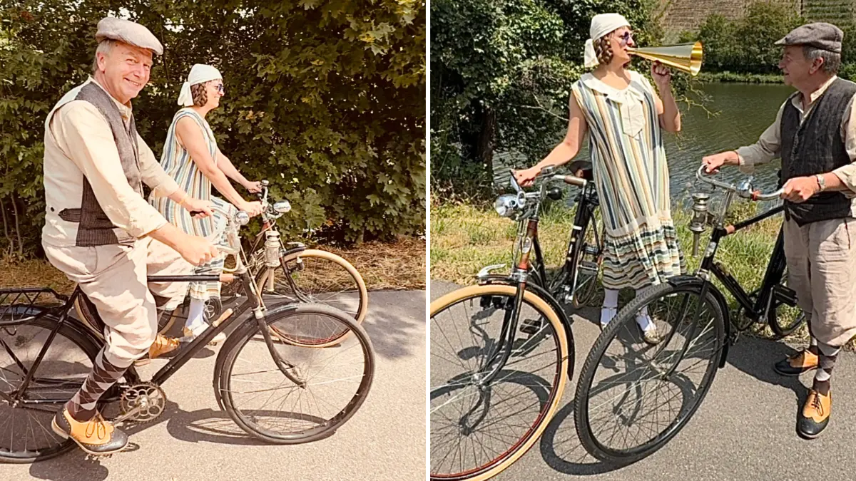 Historische Kleidung und Fahrräder sind beim ersten Tweed Ride Stuttgart zu sehen.