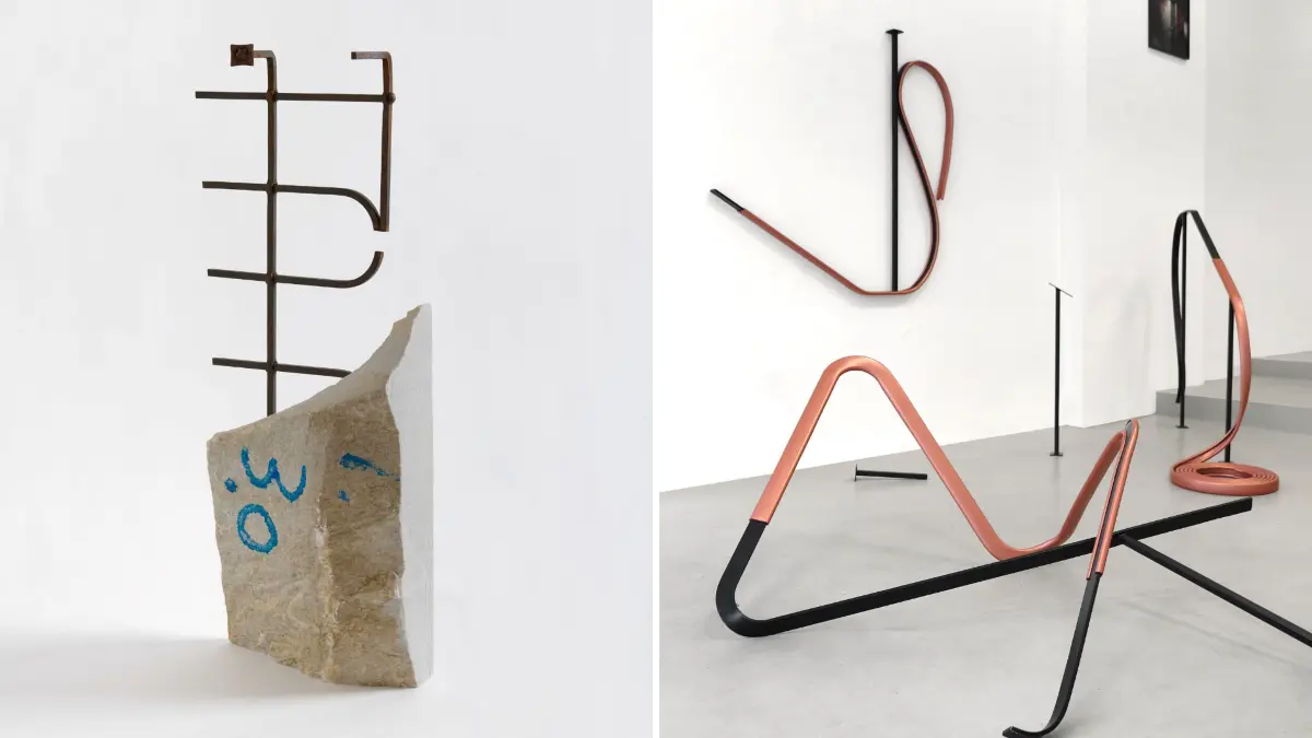 Bildunterschrift 02: Version 3.0, 2022, Marmor, Stahlgitter, 120 x 55 x 26 cm, Foto: Kerstin MüllerBildunterschrift 03: Parts of the Game, 2023, Stahl, PVC, Maße variabelFoto: Vanessa Henn