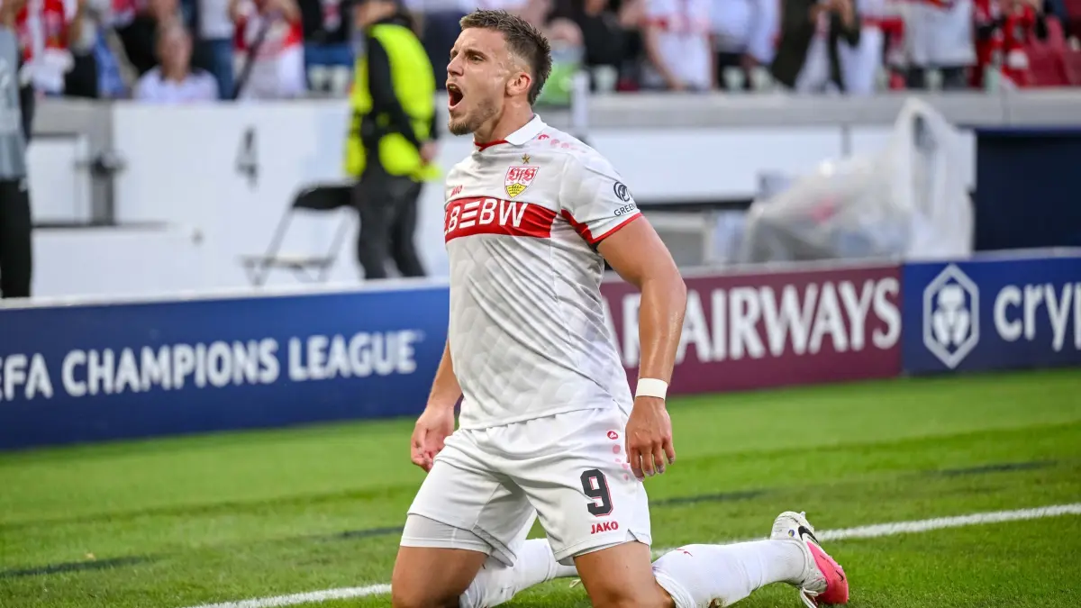 VfB Stuttgart - Viking Stavanger: 09.09.2026, Baden-Württemberg, Stuttgart: Fußball, Männer: Champions League, VfB Stuttgart - Viking Stavanger, Vorrunde, 1. Spieltag, MHPArena. Ermedin Demirović (VfB Stuttgart) jubelt nach seinem Tor zum 2:1. Foto: Harry Langer/dpa +++ dpa-Bildfunk +++