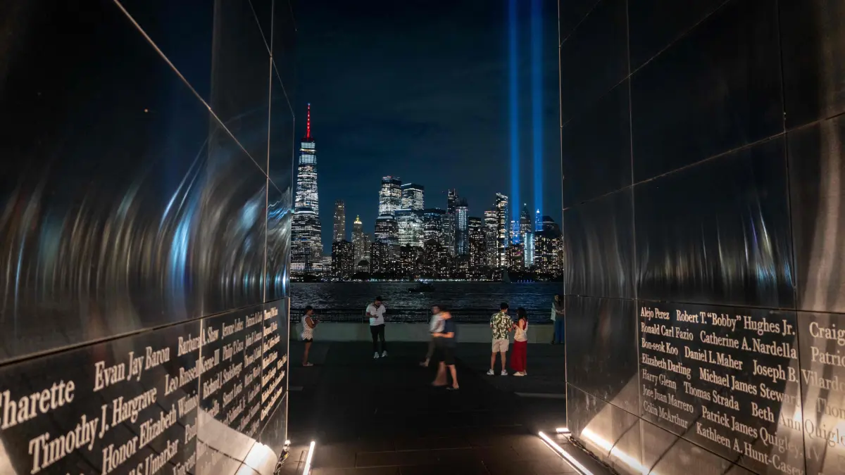 9/11 Tribute In Light Tested Ahead Of The 25th Anniversary Of The September 11th Attacks: JERSEY CITY, NEW JERSEY - SEPTEMBER 9: The Tribute in Light installation is tested over lower Manhattan in New York City on September 9, 2026, as seen from the "Empty Sky" 9/11 memorial in Jersey City, New Jersey. The twin beams shine from dusk on September 11 until dawn on September 12 every year. Jeremy Weine/Getty Images/AFP (Photo by Jeremy Weine / GETTY IMAGES NORTH AMERICA / Getty Images via AFP)