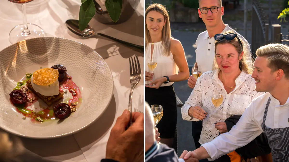 Ein Abend rund ums Schaf: Sorbet mit Remstal-Zwetschge im Gewölbekeller, Begrüßung der Gäste durch Küchenchef Moritz Polinski auf der Gartenterrasse