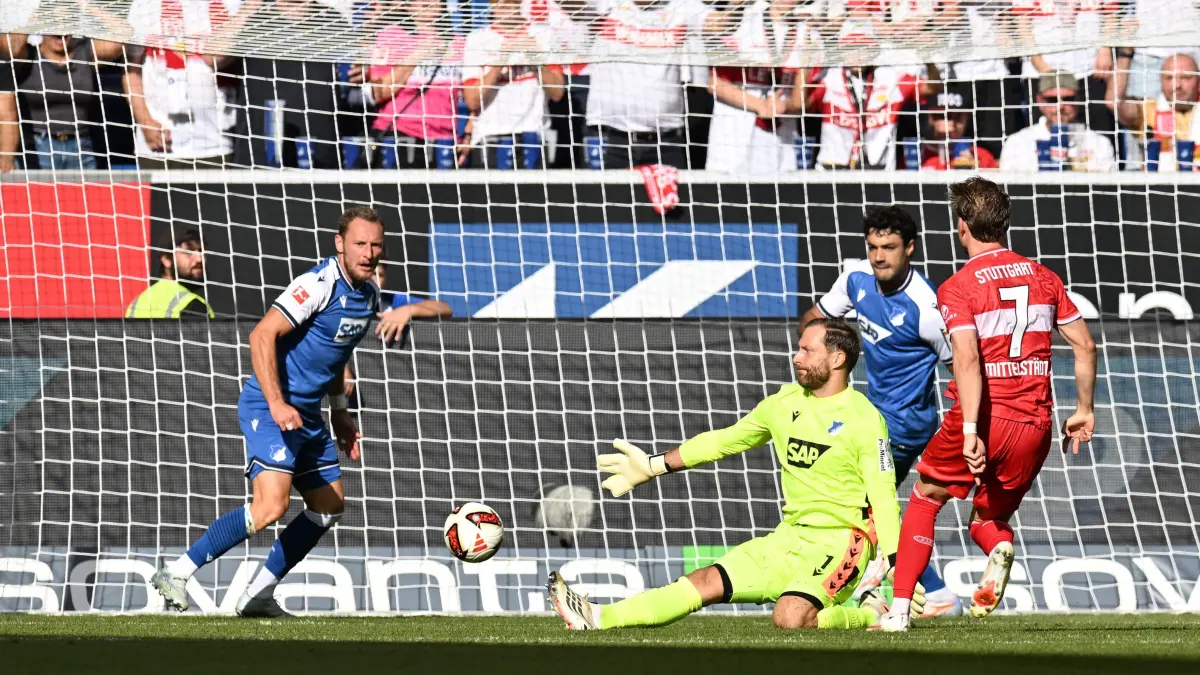 FBL-GER-BUNDESLIGA-HOFFENHEIM-STUTTGART: Stuttgart's German defender #07 Maximilian Mittelstaedt scores during the German first division Bundesliga football match between Hoffenheim and VfB Stuttgart in Sinsheim on September 12, 2026. (Photo by THOMAS KIENZLE / AFP) / DFL REGULATIONS PROHIBIT ANY USE OF PHOTOGRAPHS AS IMAGE SEQUENCES AND/OR QUASI-VIDEO