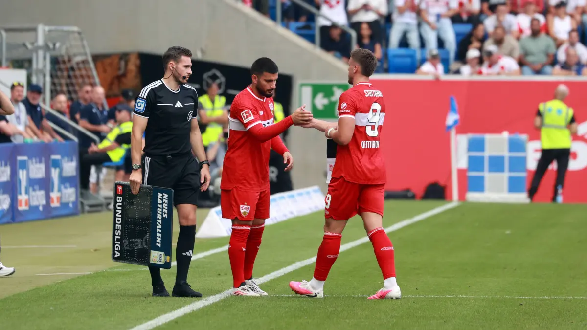 12.09.26 TSG 1899 Hoffenheim - VfB Stuttgart: 12.09.26 TSG 1899 Hoffenheim - VfB Stuttgart Deutschland, Sinsheim, 12.09.2026, Fussball, Bundesliga, Saison 2026/2027, TSG 1899 Hoffenheim - VfB Stuttgart: v.l. Deniz Undav, Ermedin Demirovic beide VfB Stuttgart. *** September 12, 2026 TSG 1899 Hoffenheim vs. VfB Stuttgart Germany, Sinsheim, September 12, 2026, Soccer, Bundesliga, 20262027 season, TSG 1899 Hoffenheim vs. VfB Stuttgart from left: Deniz Undav, Ermedin Demirovic both VfB Stuttgart