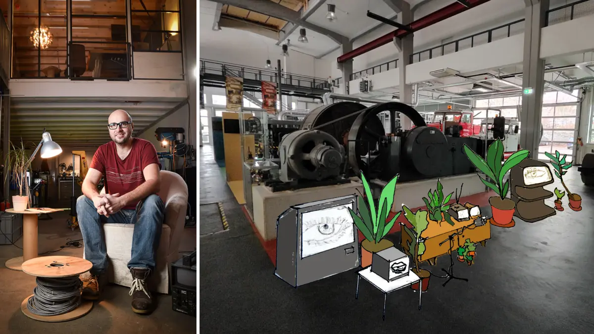 Links ein Porträt des Künstlers, rechts eine Visualisierung der Installation „Der Instruktor“ im Backnanger Technikforum. Die KI-Medienskulptur verbindet alte Fernseher mit moderner Computertechnik und einem KI-Generator.