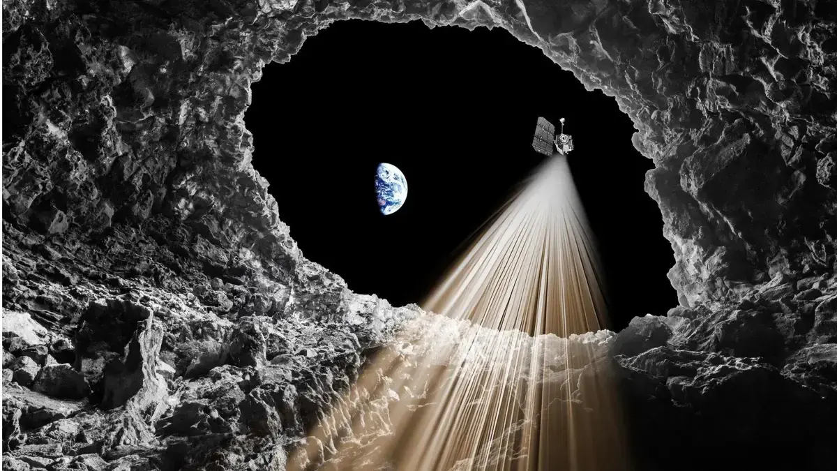 Radarbilder zeigen eine 30 bis 80 Meter lange und 45 Meter breite Höhle, die vom Mare Tranquillitatis Pit ausgeht, der größten bekannten Grube.