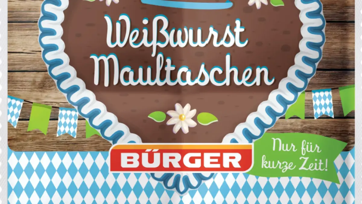 Der braune Teig der Maultasche nach Weißwurst-Art umhüllt eine „Schweinefleisch-Laugenbrot-Füllung“, so steht es auf der Verkaufspackung.