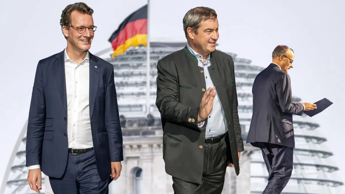 FOTOMONTAGE, Kanzlertausch: Bundeskanzler Merz steht nach CDU-Wahlniederlagen unter Druck, Hendrik Wüst (re.) und Markus Söder (Mi.) gelten als mögliche Nachfolger (Fotomontage).