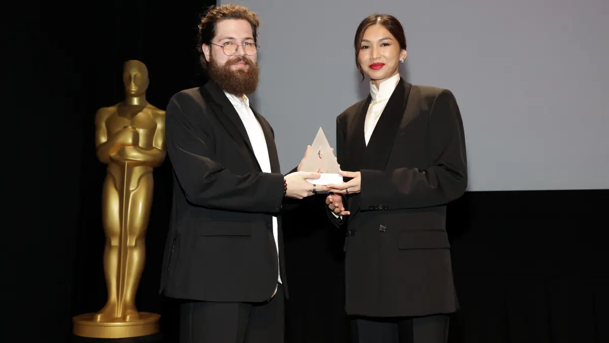 TORONTO, ONTARIO - SEPTEMBER 14: (L-R) Matthias Strasser and Gemma Chan appear onstage during the 2026 Student Academy Awards on September 14, 2026 in Toronto, Ontario. (Photo by Kennedy Pollard/The Academy/Getty Images for The Academy)