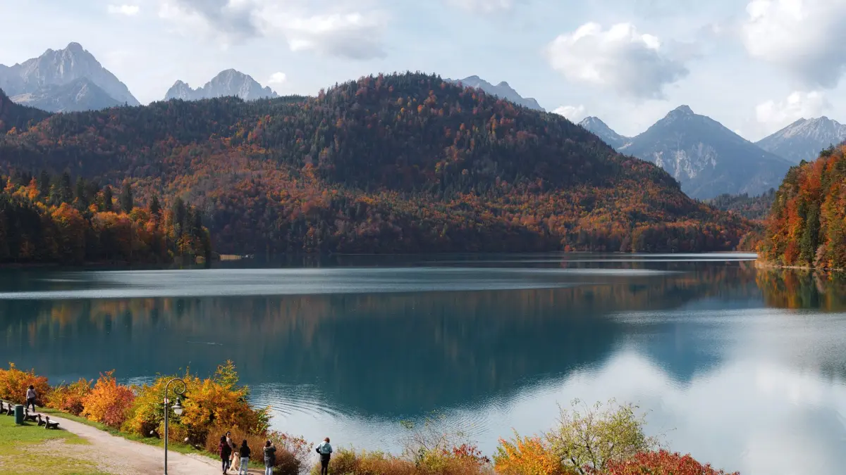Direkt neben dem Hotel liegt der Alpsee, der sich im Herbst von seiner farbenprächtigen Seite zeigt und zu Spaziergängen am Ufer mit Blick auf die Allgäuer Alpen einlädt.