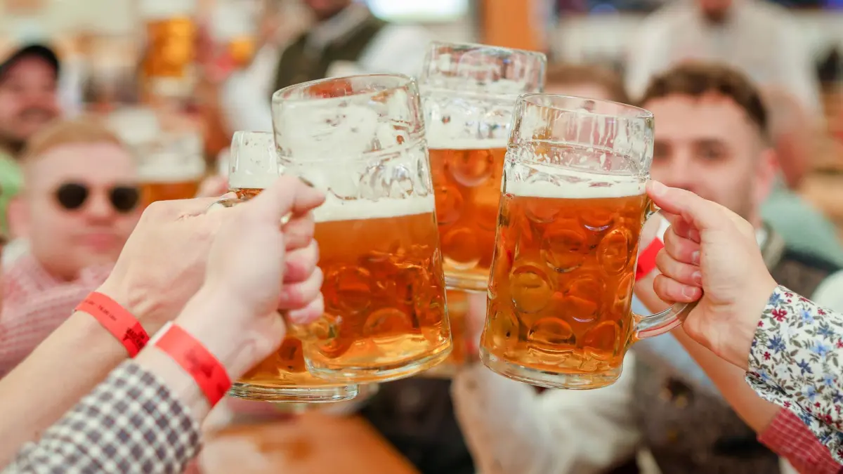 Stuttgarter Volksfest: Besucher des 85. Stuttgarter Frühlingsfests, das Pendant des Cannstatter Volksfests im Herbst, stoßen in einem Festzelt mit ihren Maßkrügen an. (zu dpa: «Volksfest in Startlöchern: So entwickelt sich der Bierpreis»)