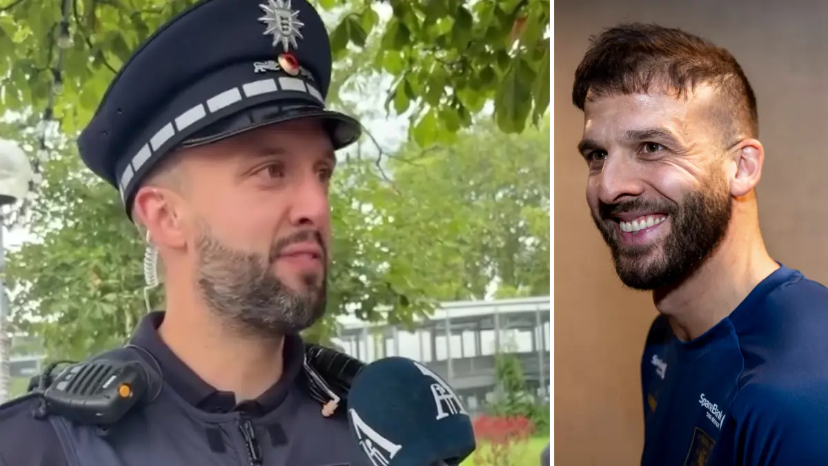 Patrick Müller von der Stuttgarter Polizei wird vor dem Champions-League-Spiel des VfB Stuttgart gegen Viking Stavanger von einem norwegischen Fernsehteam interviewt.