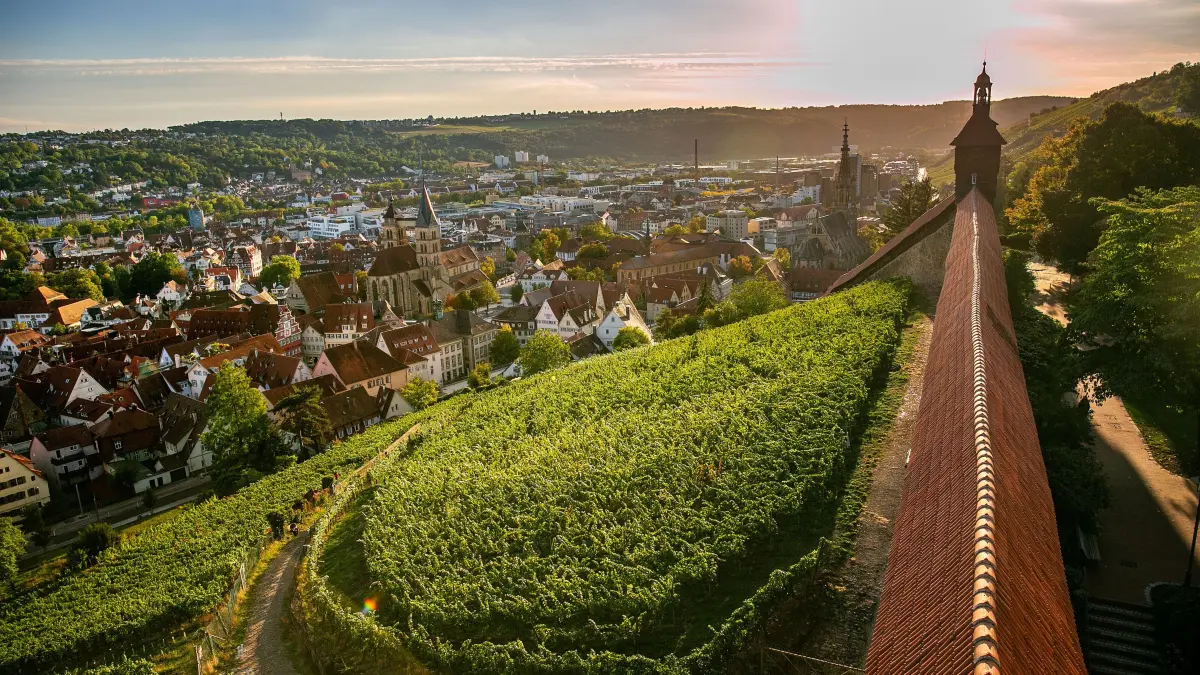 foto: Roberto Bulgrin
24. 09. 2026
Esslingen, Blick auf Esslingen vom dicken Turm aus, mit Hochwacht und dem Weinberg unter dem Sailergang