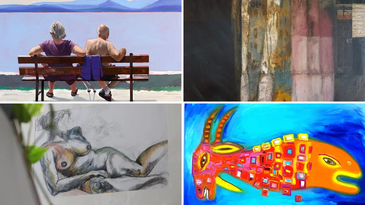 Unter den mehr als 60 Kunstwerken befinden sich auch Exponate von Valtenin Vitanov, Ursula Holzwarth, Martina Fetz und Rüdiger Scheiffele (im Uhrzeigersinn).