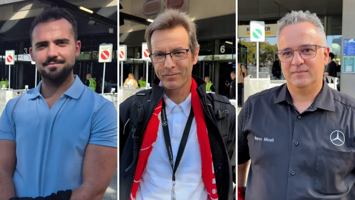 Rafael Mpouras, Dietmar Beck, Marco Miceli (von links) und nach Betriebsratsangaben rund 5000 weitere Beschäftigte nahmen an der Betriebsversammlung in der Hanns-Martin-Schleyer-Halle teil.