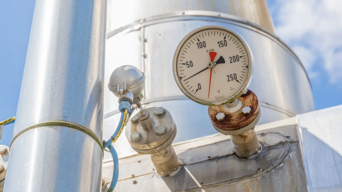 Gasspeicher: Ein Anzeige für Temperatur ist in der Anlage des Gasspeicher Wolfersberg, östlich von München, an einem der vielen Rohre zu sehen. (zu dpa: «Reiche sichert Gasversorgung stärker ab»)