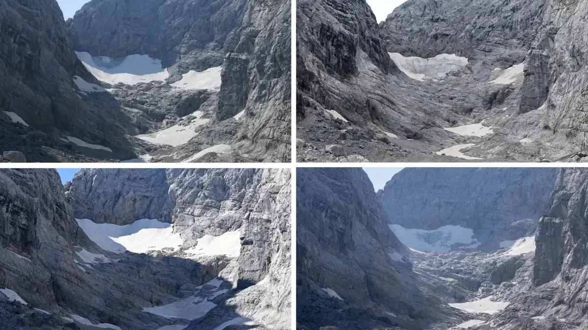 Die Reste des Gletschers Blaueisgletschers, der zwischen den Wänden der Blaueisspitze (li.) und dem Hochkalter eingebettet ist: am 13. August 2021 (o. li.), 1. August 2022 (o. re.), 12. August 2023 (u. li.) und 28. August 2024 (u. re.).