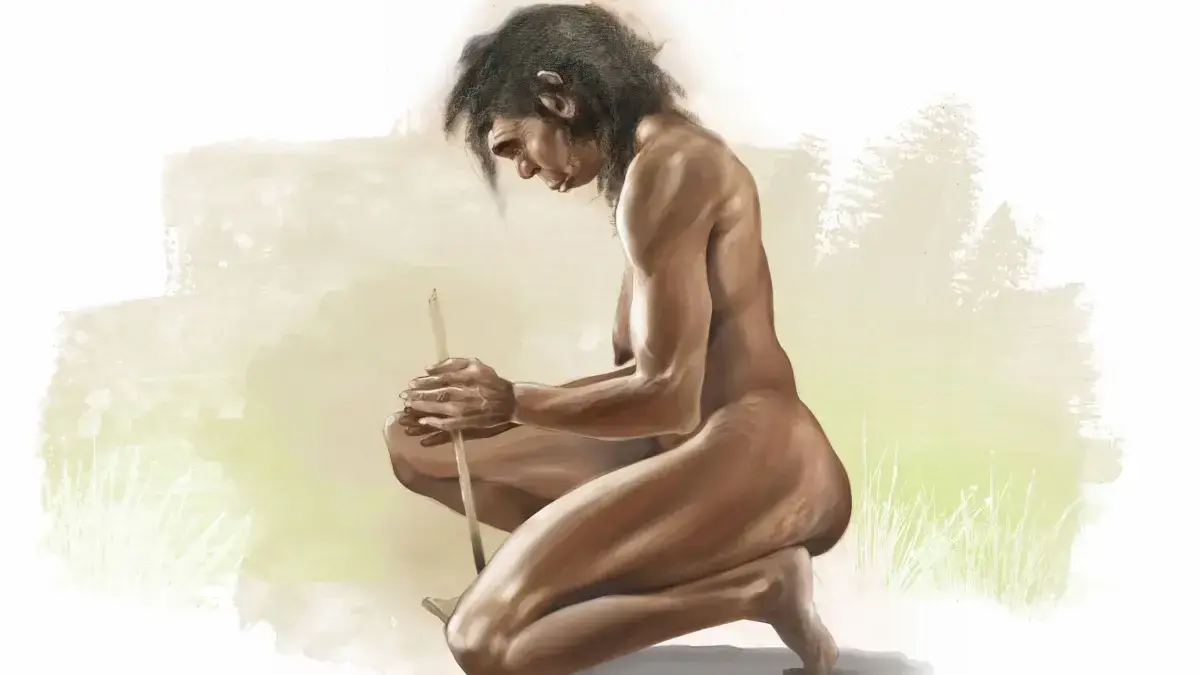 Künstlerische Darstellung einer Homo-erectus-Frau beim Feuermachen.