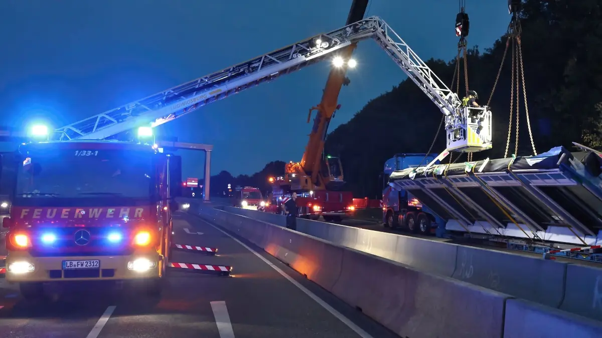 30.09.2026: Pressemitteilung des Polizeipräsidiums Ludwigsburg:
Polizeipräsidium Ludwigsburg
POL-LB: Ludwigsburg: Lkw droht Ladung zu verlieren - L 1140 stundenlang gesperrt
Ludwigsburg (ots)
Die Landesstraße 1140 sowie die Anschlussstelle Ludwigsburg Süd der Bundesautobahn 81 in Richtung Heilbronn musste bis etwa 23.45 Uhr gesperrt werden, nachdem ein Sattelzug-Fahrer fast seine Ladung verloren hatte.
Ein 27 Jahre alter Lkw-Lenker, der auf einem Tieflader mehrere Elemente eines Fertighauses geladen hatte, verließ gegen 14.40 Uhr die BAB 81 an der Anschlussstelle Ludwigsburg-Süd. Als er nach rechts auf die L1140 abbiegen wollte, bemerkte der 27-Jährige, dass die Ladung verrutschte und in eine Schräglage geriet. Daraufhin stoppte er das Fahrzeug, da die Wand- und Fensterelemente drohten, auf die Fahrbahn zu kippen.
Um die Ladung wieder auf dem Tieflader zu sichern, rückten neben der Feuerwehr auch zwei Kranfahrzeuge an. Bei den Absperrmaßnahmen unterstützte die Autobahnmeisterei.
Unter polizeilicher Begleitung konnte der Lkw-Lenker seine Fahrt nach mehreren Stunden schließlich an den Zielort fortsetzen.
Rückfragen bitte an:
Polizeipräsidium Ludwigsburg
Telefon: 07141 18-8777
E-Mail: ludwigsburg.pp.sts.oe@polizei.bwl.de
http://www.polizei-bw.de/
Die verrutschte Ladung eines Schwertransportes sorgte am Mittwochnachmittag für eine stundenlange Sperrung der Landesstraße L1140 auf Höhe der Anschlussstelle LB-Süd. Bei einem Spezialauflieger waren drei Holzfertigbauelemente aus bisher unbekannter Ursache in bedenkliche Schräglage geraten und drohten auf die Fahrbahn zu fallen. Erst mit Hilfe der Ludwigsburger Feuerwehr und zweier Tele-Kräne gelang es die Teile anzuschlagen, die Sicherungen zu lösen und die Elemente sicher abzuladen. Die L1140 war bis nach 21 Uhr in Richtung Ludwigsburg voll gesperrt, Autobahn- und Straßenmeisterei richteten zusammen mit der Polizei eine Umleitung ein.
Foto: KS-Images.de/Andreas Rometsch