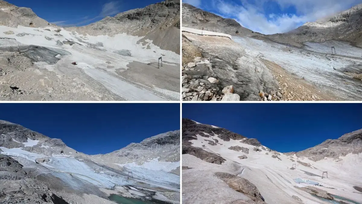 Die Reste des Gletschers Nördlicher Schneeferner auf dem Zugspitzplatt, in einigen Jahren teilweise bedeckt mit Altschnee: am 11. August 2021 (o. li.), am 8. August 2022 (o. re.), am 16. August 2023 (u. li.), und am 25. Juli 2024 (u. re.).