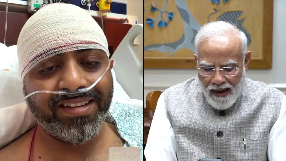 Flugvorfall im Nahen Osten: HANDOUT - 02.10.2026, Indien, Neu-Delhi: Dieser Screenshot des YouTube-Kanals von Narendra Modi zeigt den indischen Ministerpräsidenten Narendra Modi (r) im Gespräch mit dem Flydubai-Piloten Smit Machchhar. Nach der gewaltsamen Auseinandersetzung in einem Cockpit einer Maschine der emiratischen Fluggesellschaft Flydubai sind die Hintergründe weiter unklar. Foto: Uncredited/Narendra Modi YouTube Channel/AP/dpa - ACHTUNG: Nur zur redaktionellen Verwendung im Zusammenhang mit der aktuellen Berichterstattung und nur mit vollständiger Nennung des vorstehenden Credits +++ dpa-Bildfunk +++