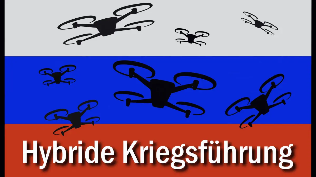 Russlandfahne und stilisierte Drohnen mit dem Schriftzug hybride Kriegsführung (Fotomontage).