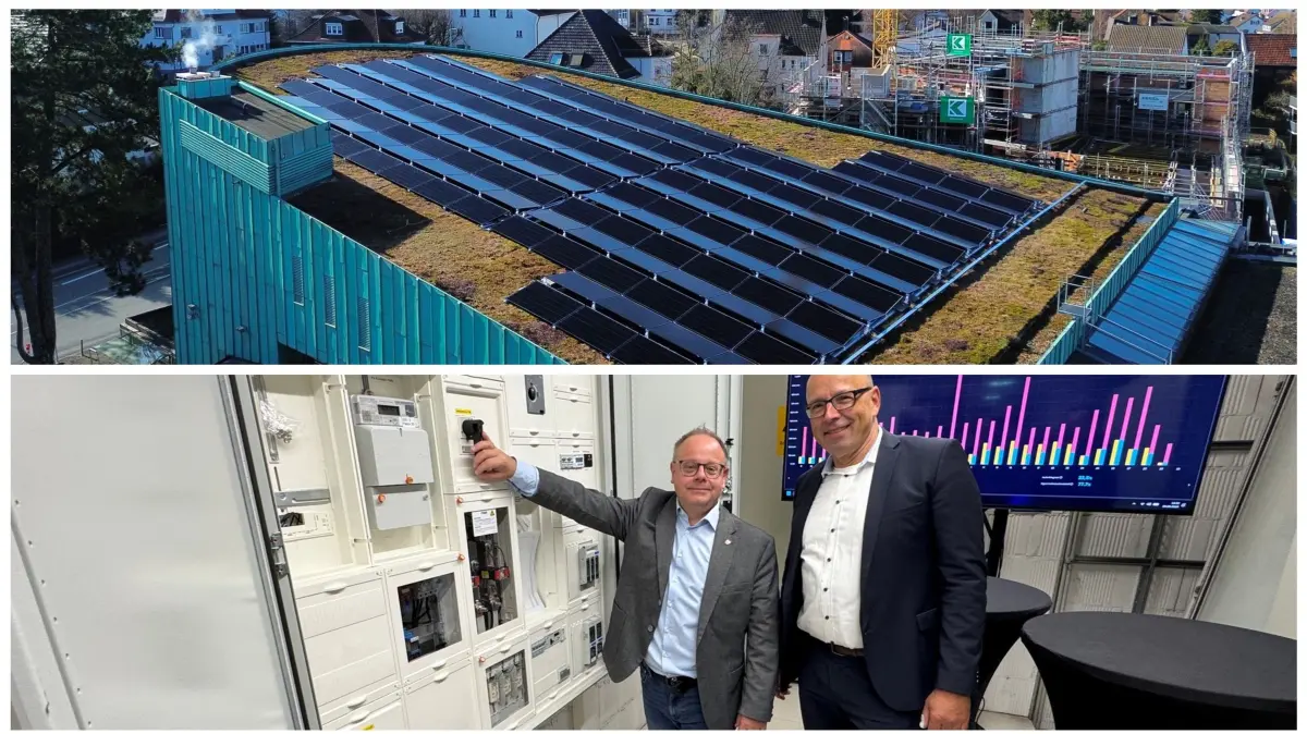 Sonnenstrom vom Hallendach, Energie für später: 204 Solarmodule und Schorndorfs größter städtischer Batteriespeicher bilden das neue Energiesystem der Barbara-Künkelin-Halle. Oberbürgermeister Bernd Hornikel (links) und Stadtwerke-Geschäftsführer Dirk Wernicke nahmen die Anlage offiziell in Betrieb.