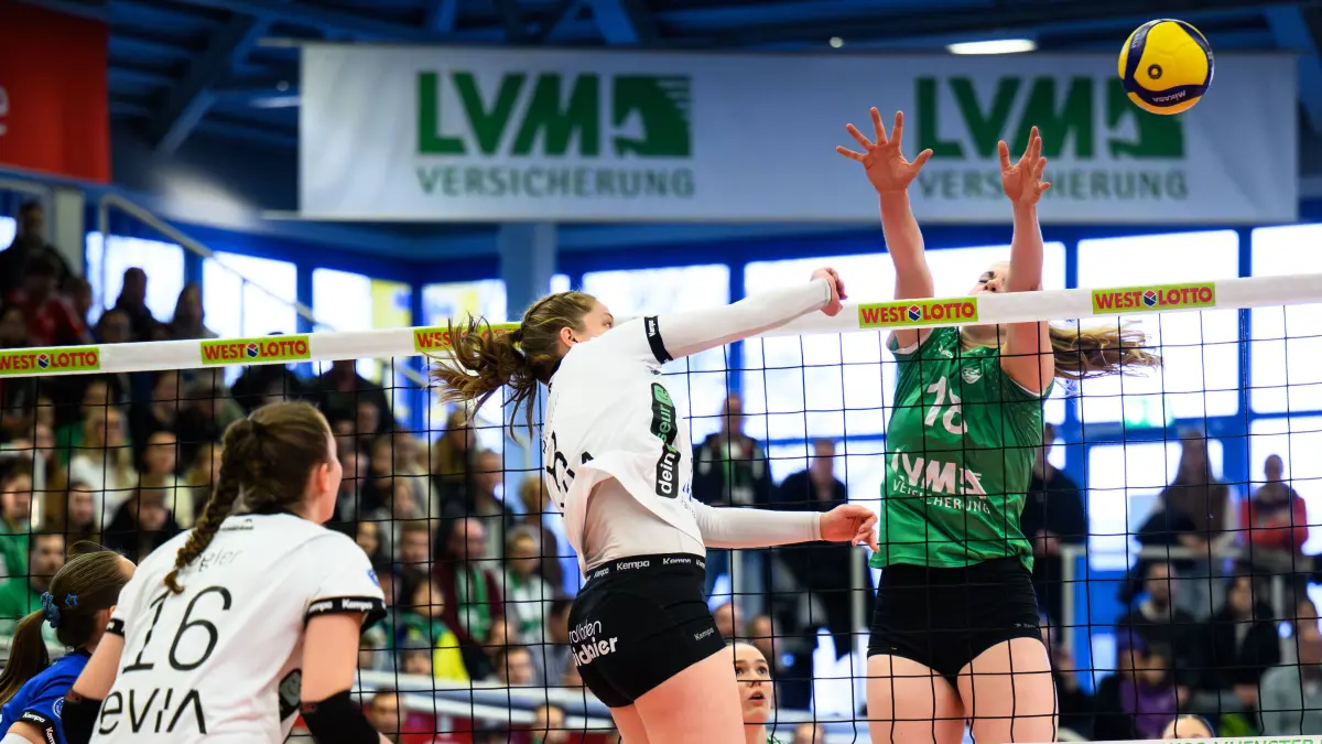 18.01.2026, Sporthalle Berg Fidel, Münster / Muenster Volleyball, Bundesliga Frauen, Hauptrunde, USC Münster / Muenster vs. TSV Binder Blaubären / Blaubaeren Flacht Angriff Hanne Binkau 8 Flacht - Block Diane Seybering 18 Muenster *** 18 01 2026, Sporthalle Berg Fidel, Münster Muenster Volleyball, Bundesliga Women, Main Round, USC Münster Muenster vs TSV Binder Blaubären Blaubaeren Flacht Attack Hanne Binkau 8 Flacht Block Diane Seybering 18 Muenster