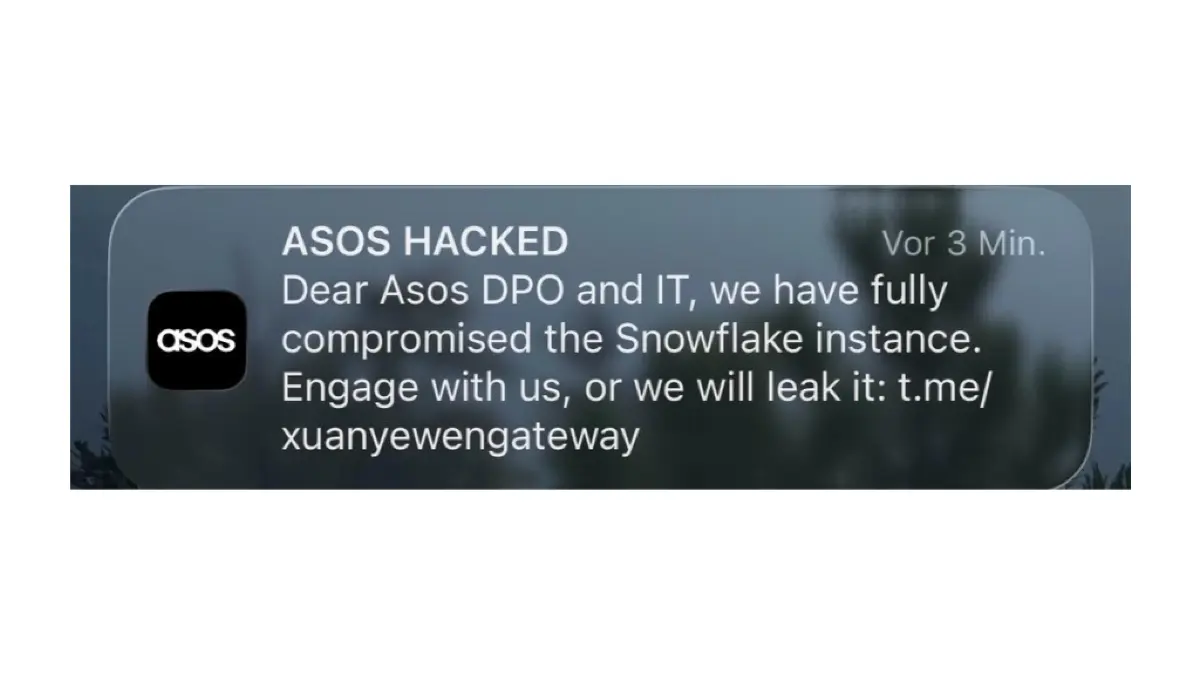Screenshot der mutmaßlichen Hacker-Nachricht, die von der Asos-App verschickt worden ist.