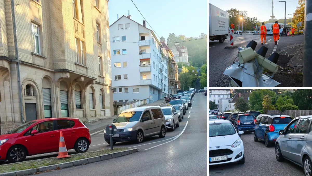 In der Stafflenbergstraße (links) und in der Dobelstraße (rechts) staute sich der Verkehr. Auslöser war die stadtauswärtige Sperrung der Jahnstraße zwischen den Haltestellen Payerstraße und Ruhbank.